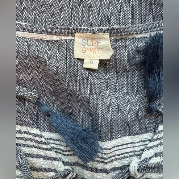 SURF GYPSY Dusty Blue & White Striped Tassel Trimmed Coverup - Size Medium - Picture 5 of 9